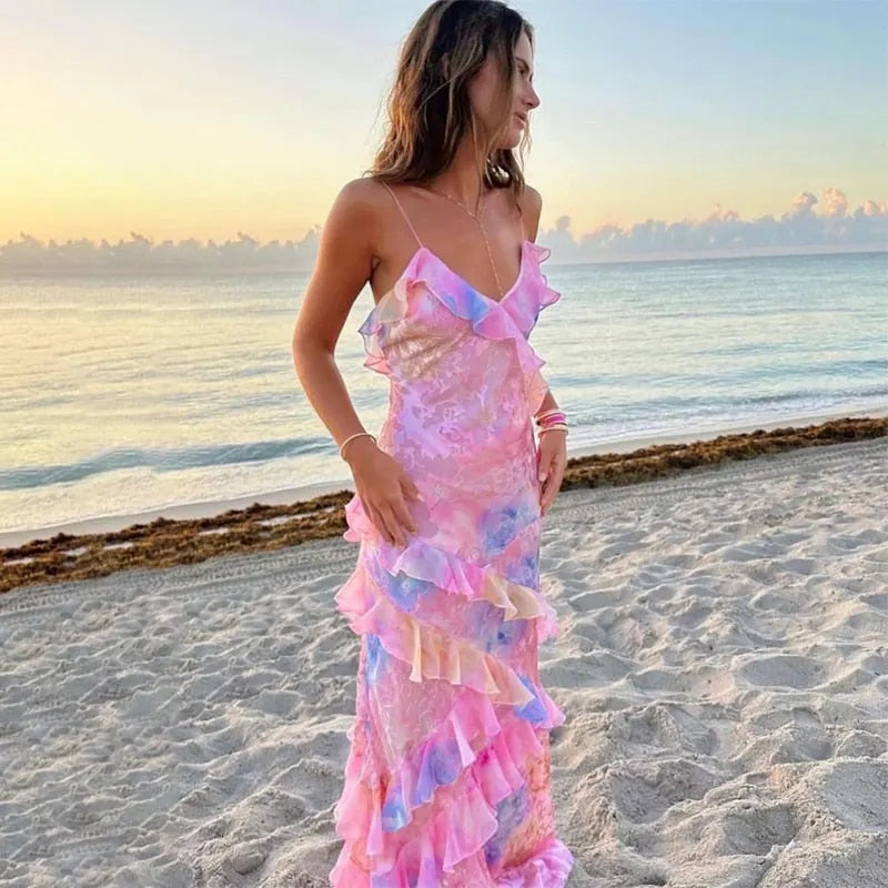 Tierred Ruffles Flower Print Sling Maxi Dresses