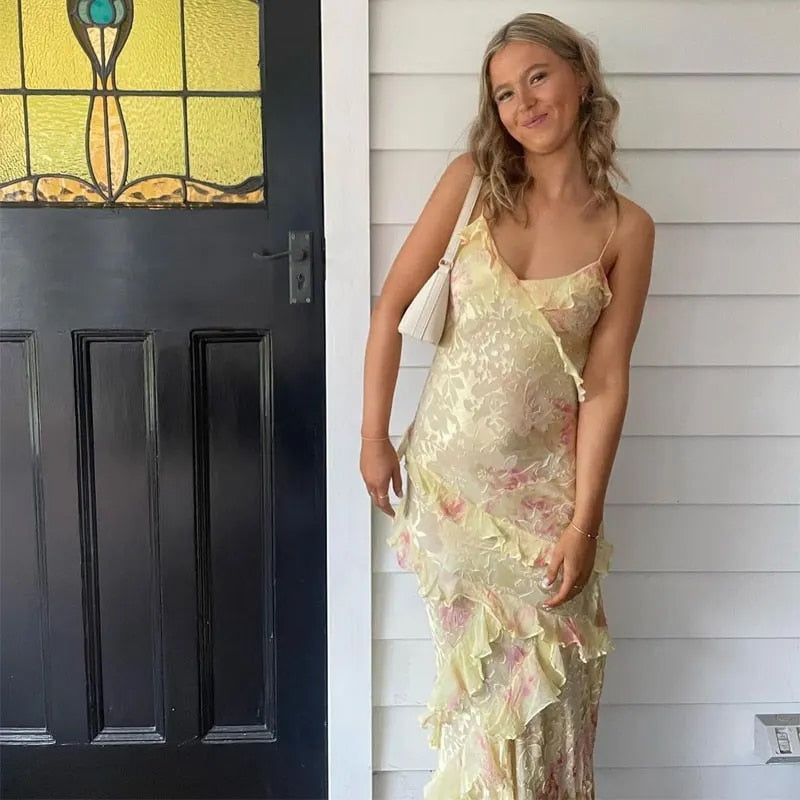Tierred Ruffles Flower Print Sling Maxi Dresses