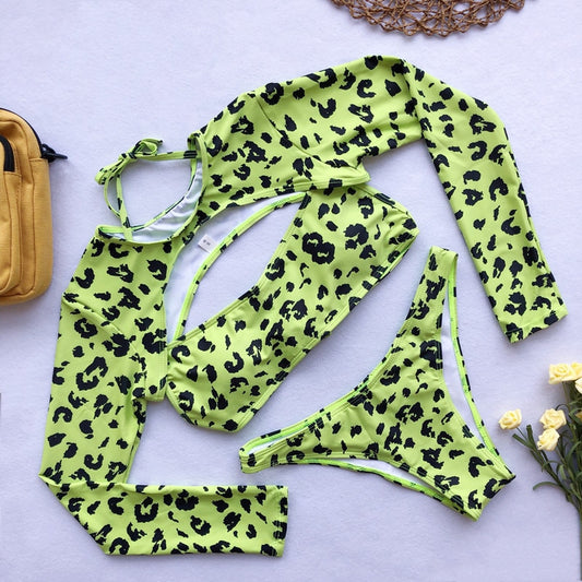 Neon Leopard Micro Crop Long Sleeve 3 Pcs Bikini Sets