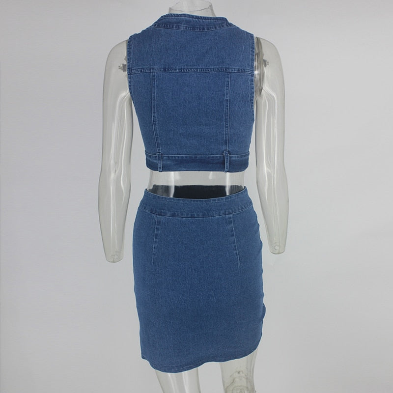 Denim Zipper Sleeveless Crop Top and Skirt Set