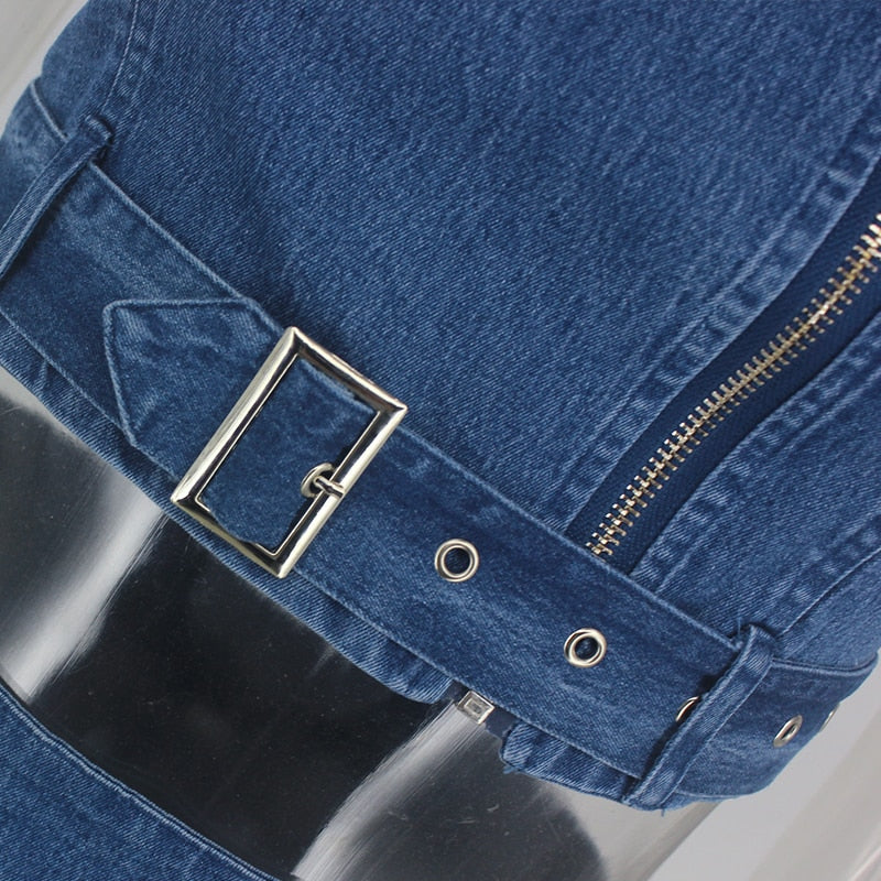 Denim Zipper Sleeveless Crop Top and Skirt Set