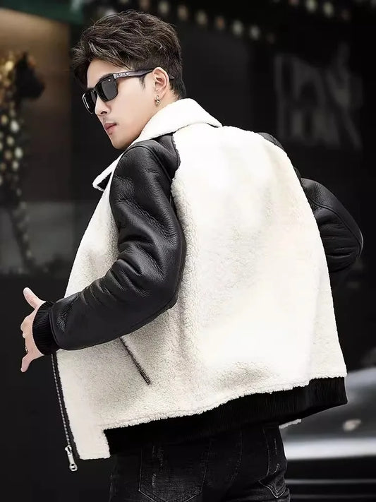 Genuine Leather Shearling Bomber Real Fur White & Black