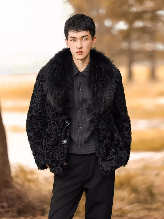 Natural Long Lambswool Real Fur Coats Fox Fur Collar