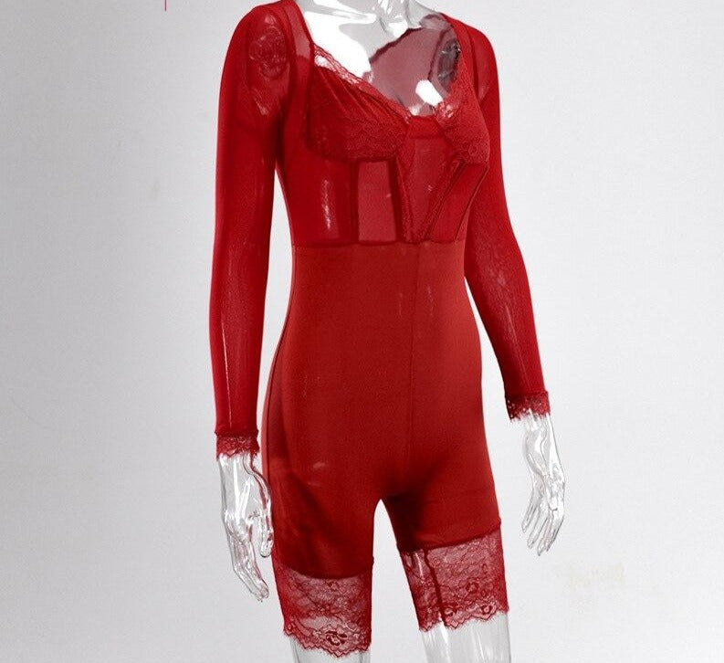 Hollow Out Lace Mesh Splice Rompers