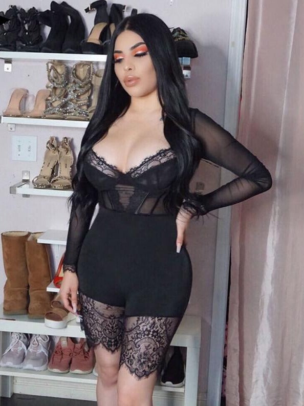 Hollow Out Lace Mesh Splice Rompers