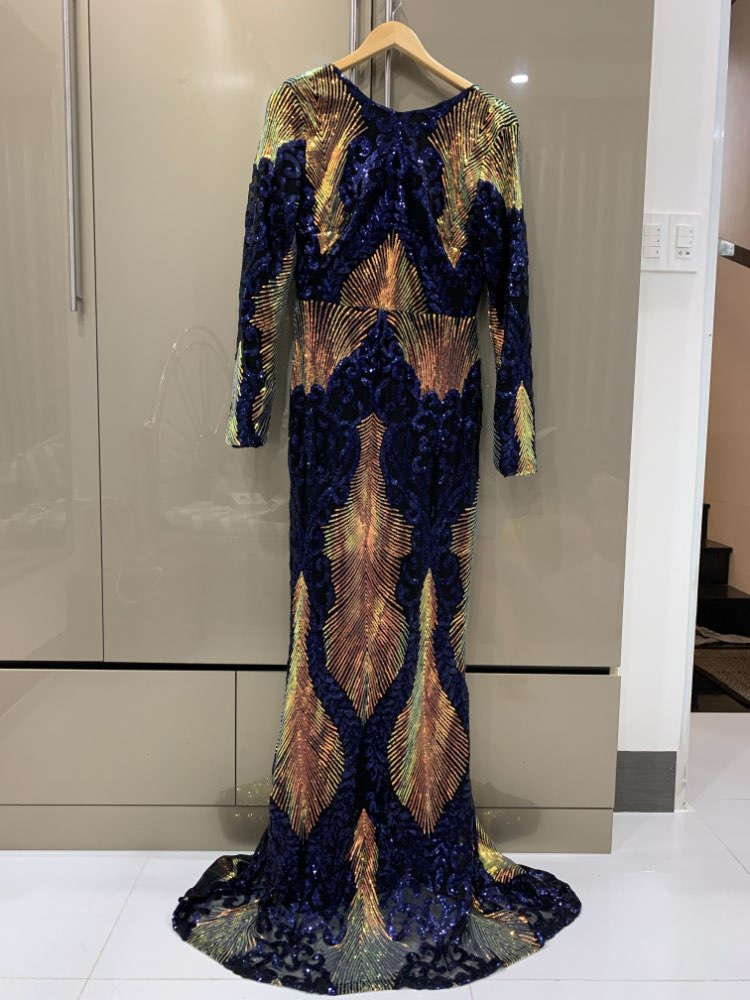 O Neck Long Sleeve Backless Sequin Maxi Multi Dress
