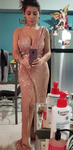 Deep V Whit Split Sequins Sleeveless Maxi Dresses