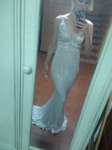Deep V Sequins Sleeveless Trumpet Mermaid Maxi Dresses