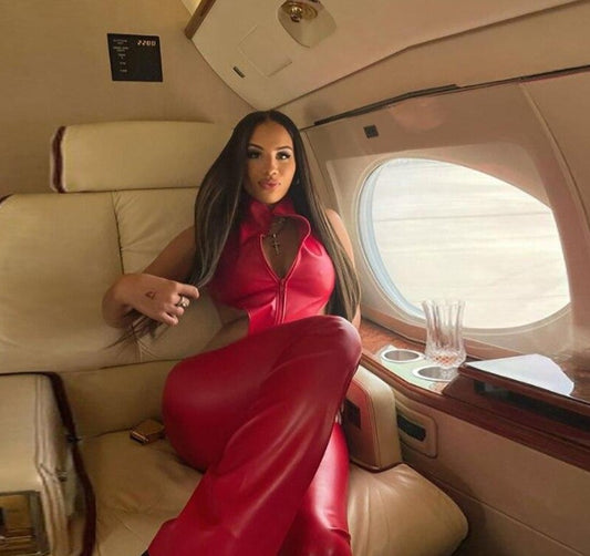 Red PU Leather Hollow Ribs Backless Flare Jumpsuit