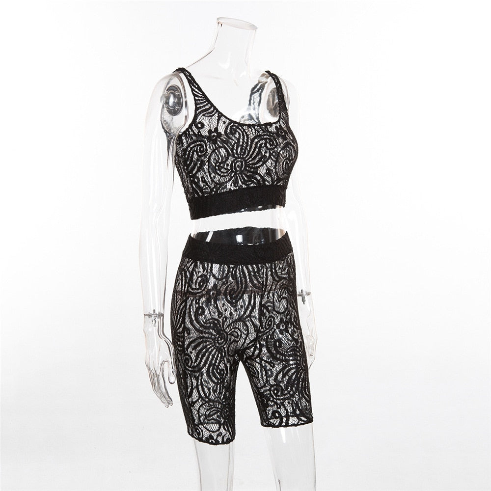 See Through Lace Tank Top And Shorts Set