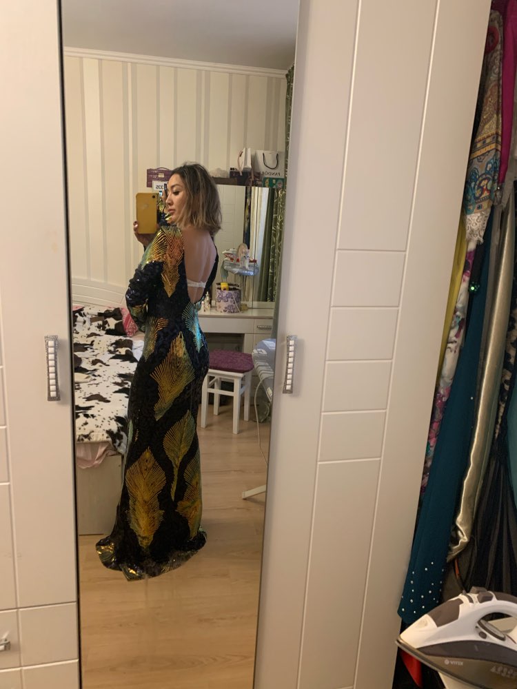 O Neck Long Sleeve Backless Sequin Maxi Multi Dress