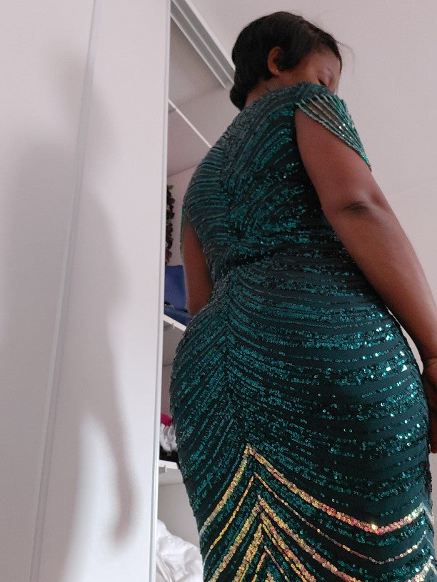 V Neck Sequin Beading Sleeve Maxi Dresses