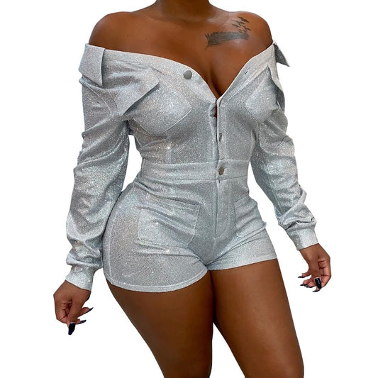 Sparkle Sliver V Neck Full Sleeve Bodycon Romper