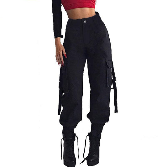 Black High Waist Loose Side Strap Cargo Pants