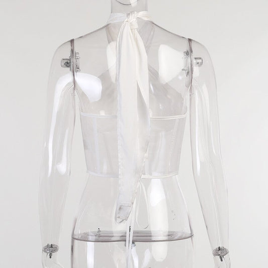 Hollow Criss-Cross Halter Mesh Corset Crop Tops