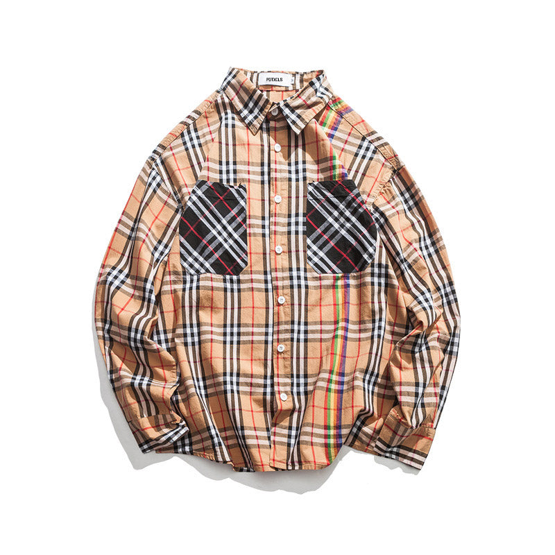 Mix Plaid Pocket Long Sleeve Button-ups