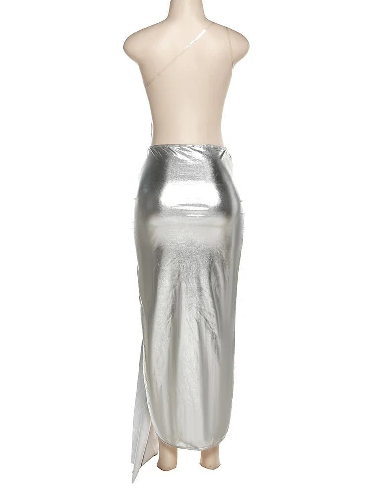 Silver One Shoulder Irregular Maxi Dress