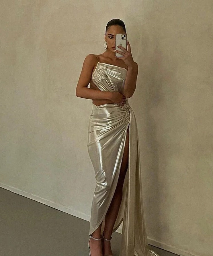 Silver One Shoulder Irregular Maxi Dress