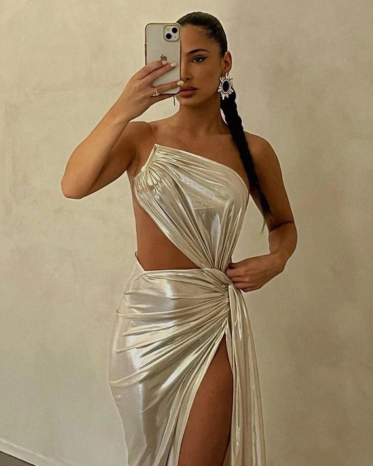 Silver One Shoulder Irregular Maxi Dress