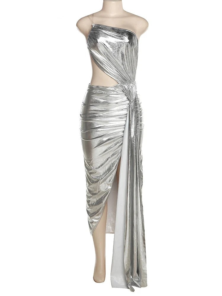 Silver One Shoulder Irregular Maxi Dress