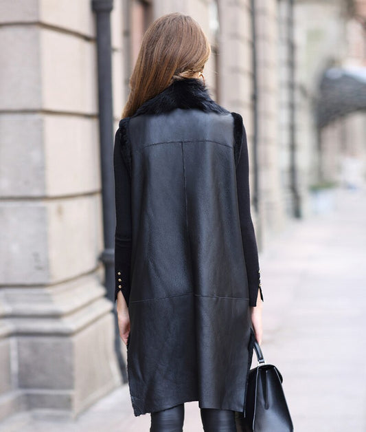 Genuine Leather Vest Fur Long Moto
