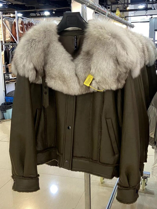 Genuine Leather Moto Jackets Big Fur Collar Shearling Lining