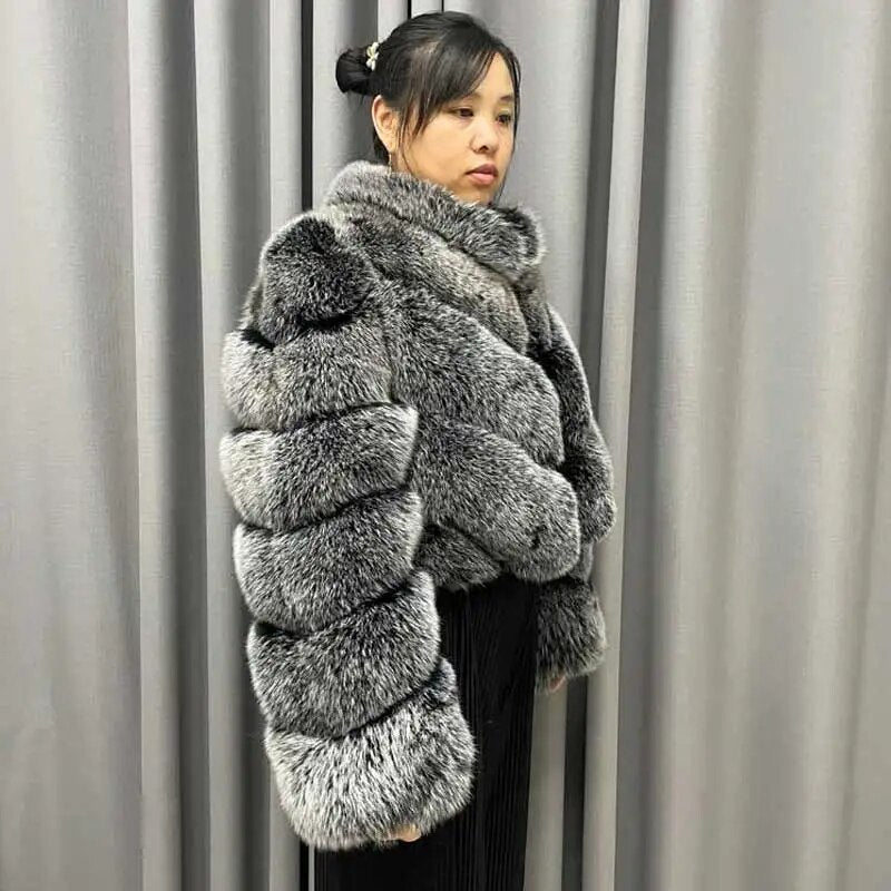 Pattern Cropped Real Fox Fur Coats