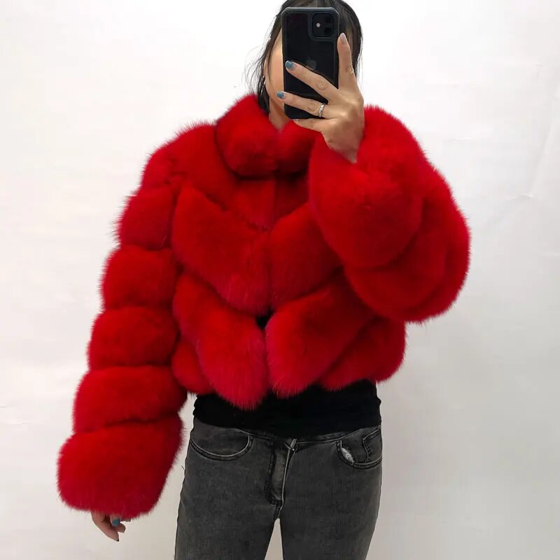 Pattern Cropped Real Fox Fur Coats