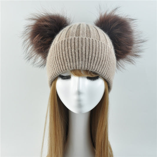 Real Fur Double Pom Pom Beanies (Multi-Colors)