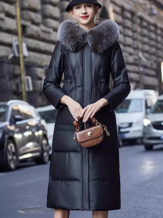 Genuine Leather Long Down Trench Coat Real Fur