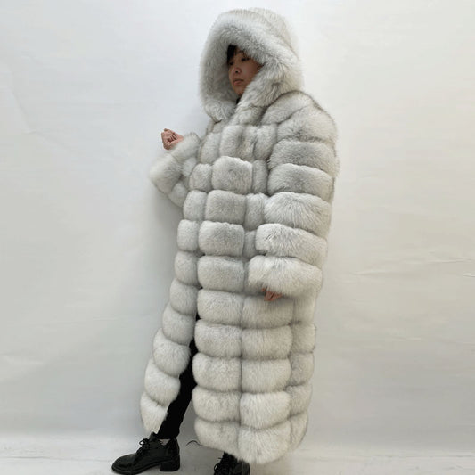 Pattern Hooded X-long Real Fox Fur Coats