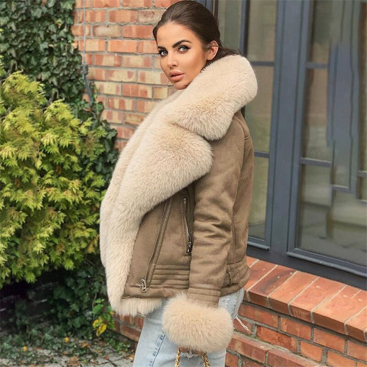 Genuine Leather Real Fox Fur Big Collar