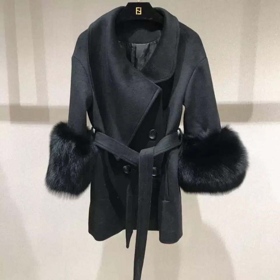 Double Faced Wool Cashmere Real Fox Fur Cuffs Coats