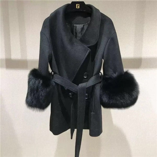 Double Faced Wool Cashmere Real Fox Fur Cuffs Coats
