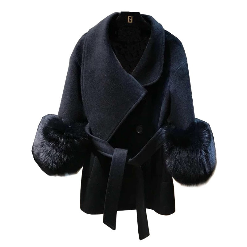 Double Faced Wool Cashmere Real Fox Fur Cuffs Coats
