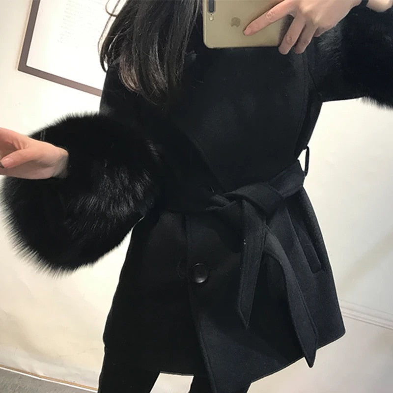 Double Faced Wool Cashmere Real Fox Fur Cuffs Coats