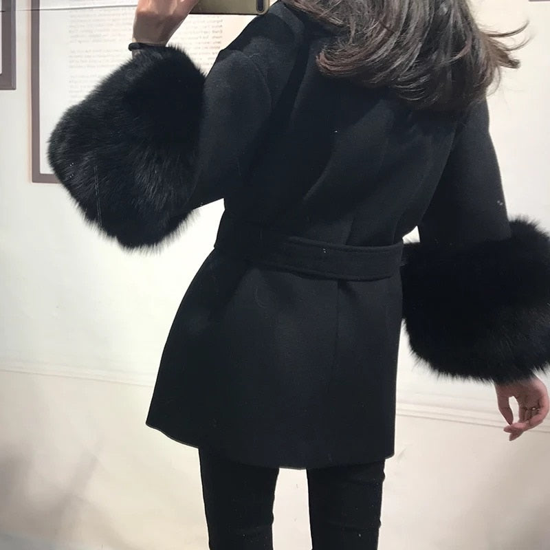 Double Faced Wool Cashmere Real Fox Fur Cuffs Coats