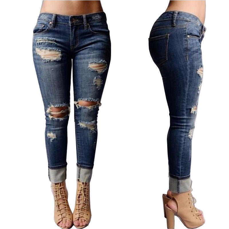 High Waist Destroyed Ripped Distressed Cuff Slim Jeans
