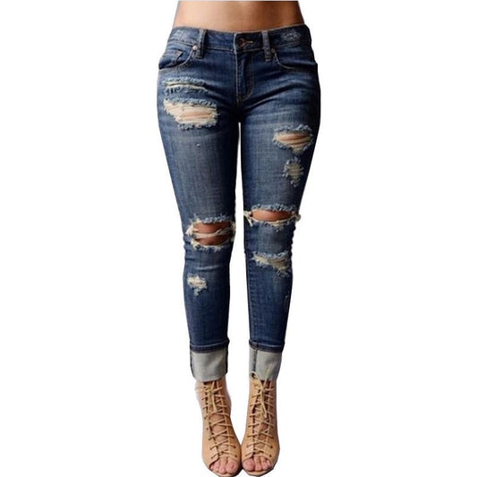 High Waist Destroyed Ripped Distressed Cuff Slim Jeans