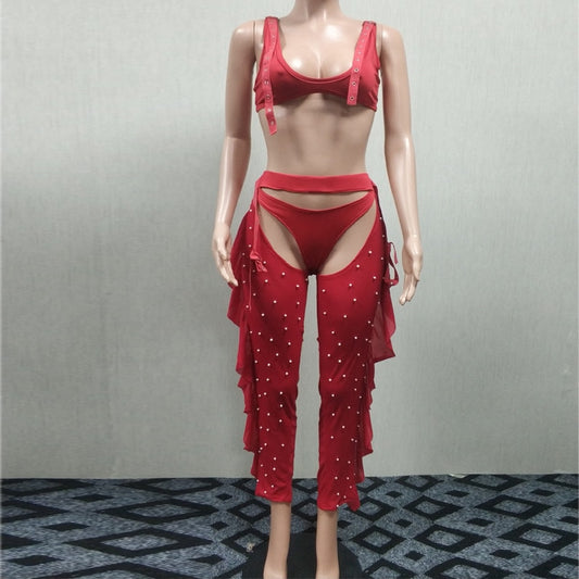 Mesh Pearl Beading Crop Top And Pants Set