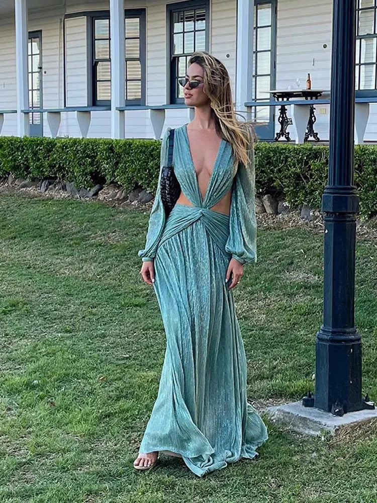 Vintage Style Deep V High Slit Maxi Dresses