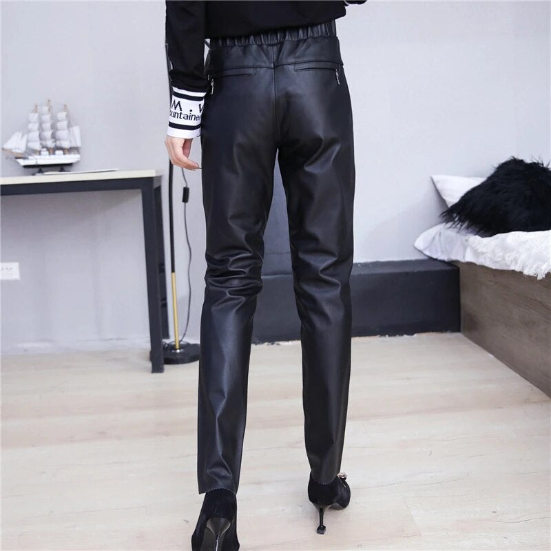 Genuine Leather Pants Harem Elastic Waist Spring