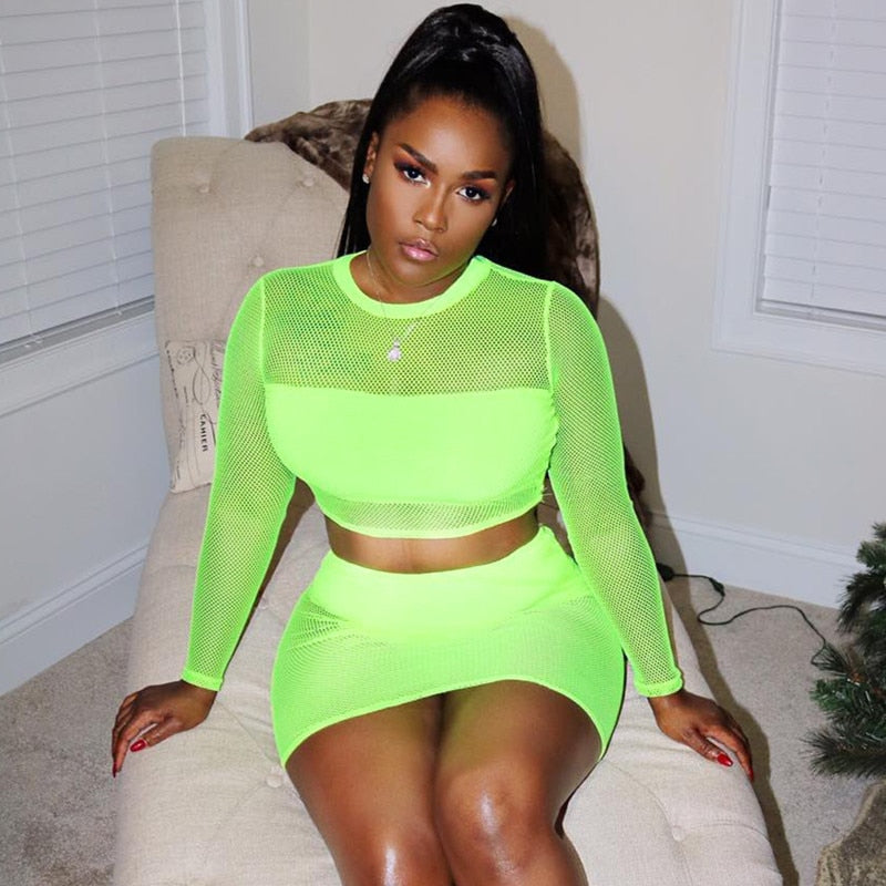 Neon Mesh Long Sleeve Crop Top And Mini Skirt