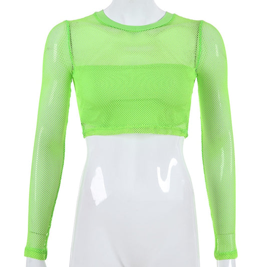 Neon Mesh Long Sleeve Crop Top And Mini Skirt