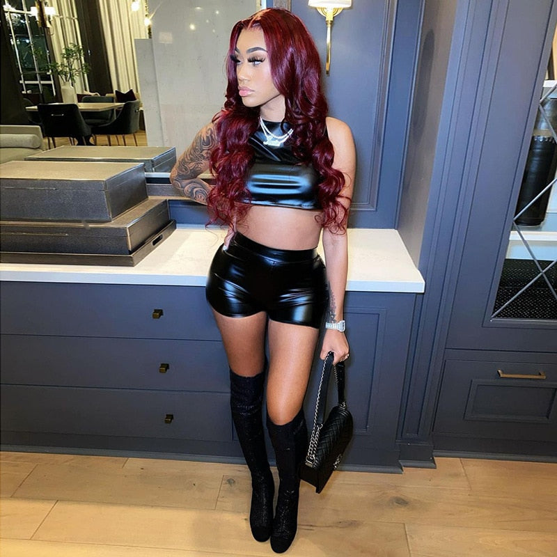 Black PU Leather Open Back Crop & Shorts Set