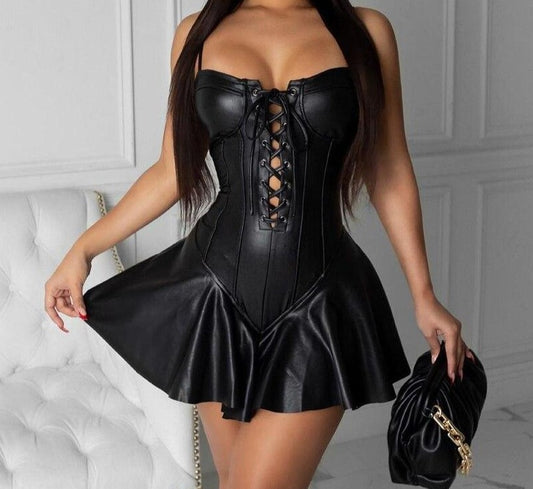 PU Leather Spaghetti Eyelet Lace Up Pleated Dress