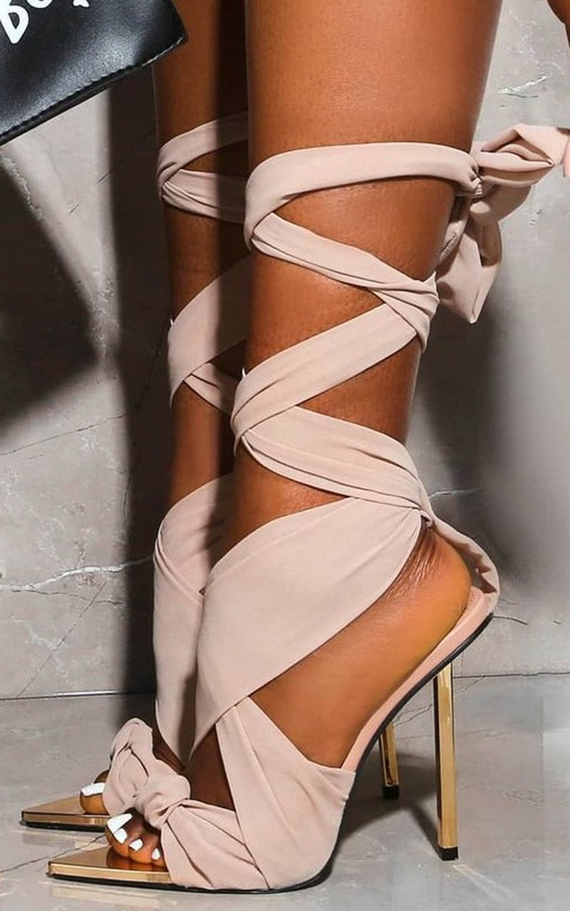 Fabric Tie Peep Toe High Heels