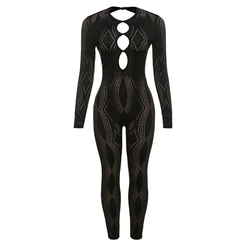 Mesh Long Sleeve Backless Jumpsuits