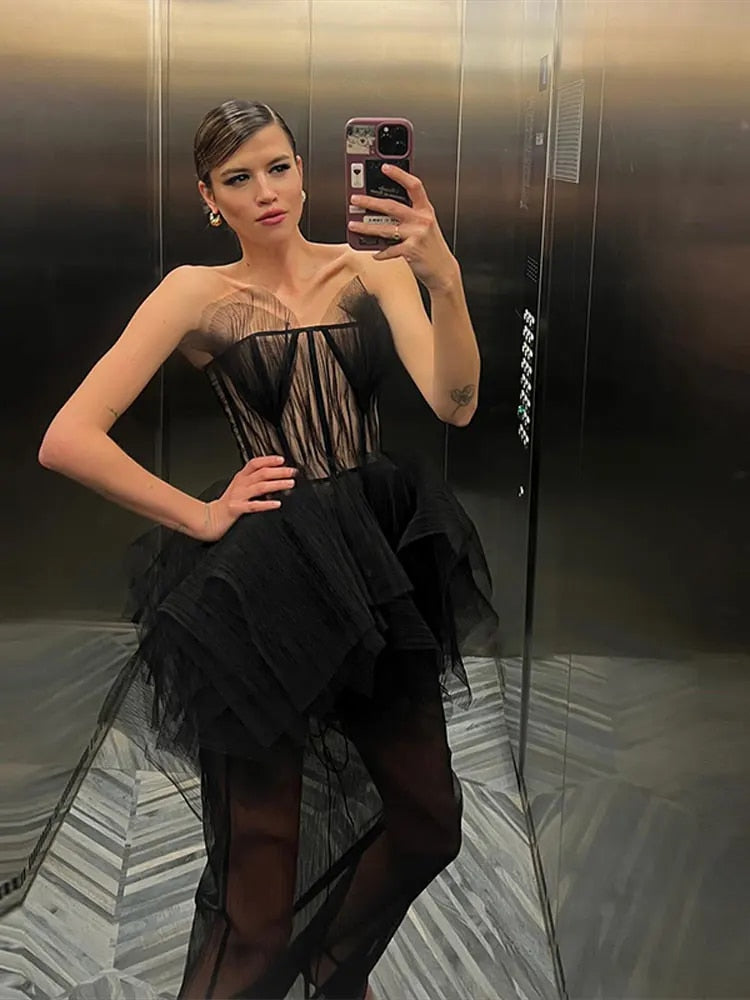 Mesh Strapless Backless Sleeveless Long Dress