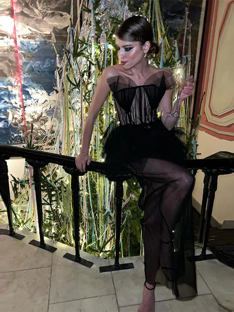 Mesh Strapless Backless Sleeveless Long Dress